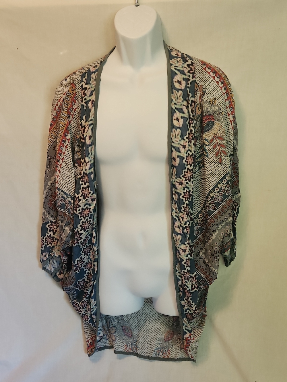 Printed Open-Front Swim Coverup Kimono in Teal & Rust